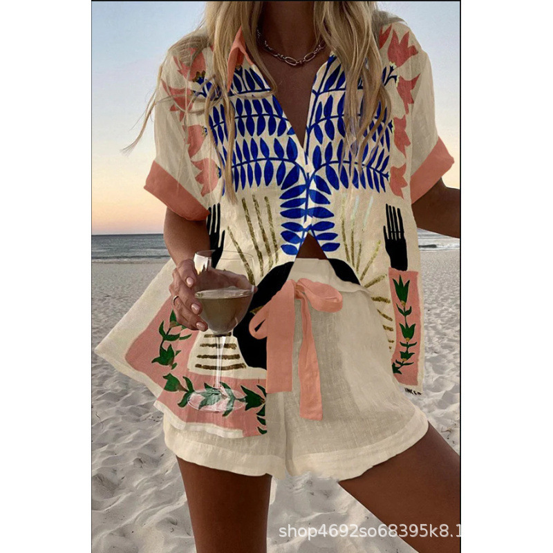 Cross-Border New Beach Resort Style Seaside Printed Short-Sleeved Shorts Shirt Top Suit Factory Direct Sale