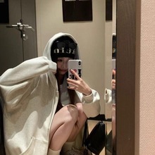 灰色连帽卫衣外套女秋冬季加绒设计感oversize拉链开衫中长款上衣