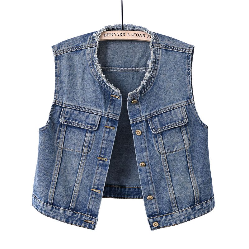 Women's Blue Denim Vest with Raw Edges, Round Neck, Casual Retro Slim Fit, Sleeveless, Cross-Border Fashion