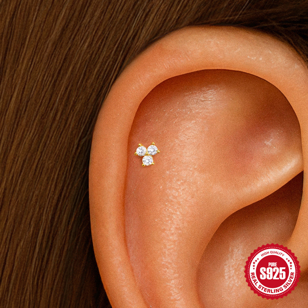INS estilo simple personalidad de la moda triple diamante s925 plata esterlina 16G hilo cabeza plana piercing cartílago espárragos