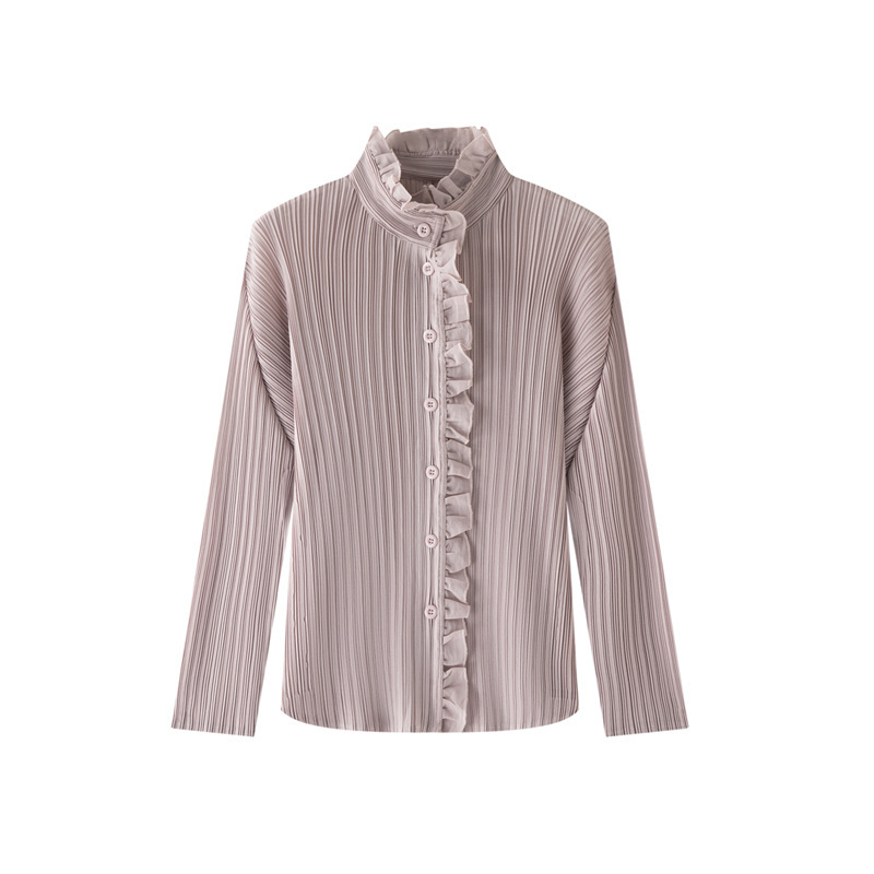 French-Style Retro Ruffled Half-High Collar Shirt for Women, 2026 Spring/Summer, Issey Miyake-Inspired, High-End Commuter Long-Sleeve Top