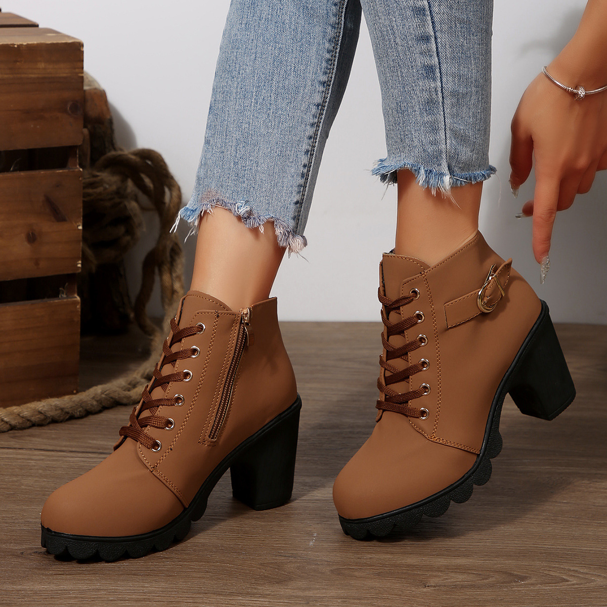 ShoeVault Women's Leather Low-Cut Chunky Round Toe High Heel Lace-Up Brown Ankle Boots Spring Autumn Plus Size Height Increasing_vogvips.com