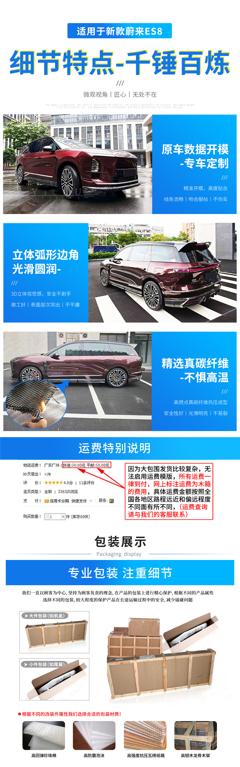 Suitable for the new NIO ES8 upgraded Pluto carbon fiber front lip, side skirts, rear lip, and rear spoiler body kit