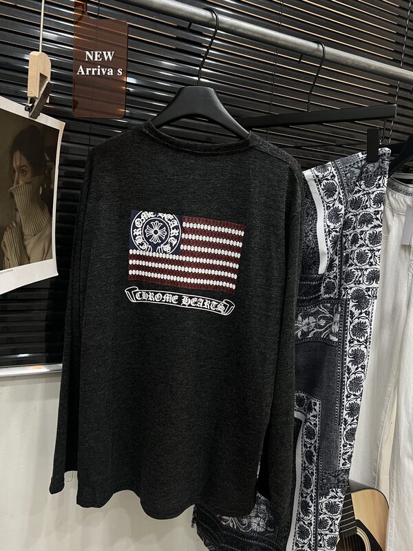 25ss 新しい ch クロウ国章日焼け止め夏薄いわずかに透けるグレーバックプリント V ネック長袖 T シャツ|undefined