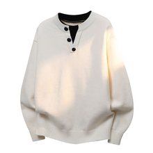 美式假两件毛衣男款秋冬新款纯色显瘦宽松百搭长袖上衣打底衫