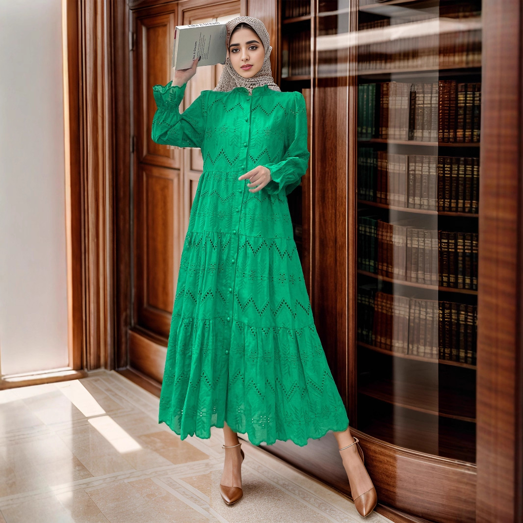 Cross-border Muslim Loose Middle Eastern Dubai Robe Abaya Gown Dress With Lace_ecoleips.com