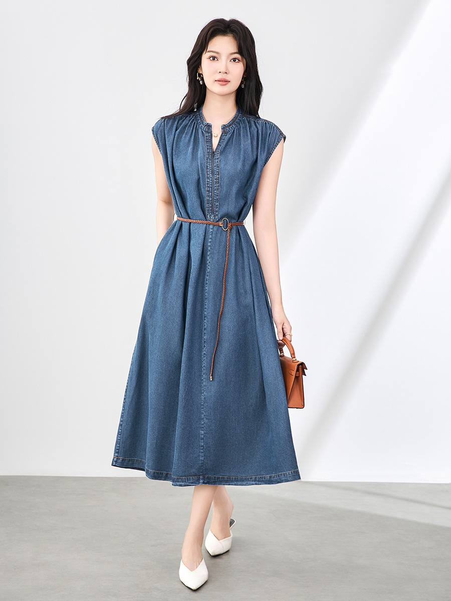 Váy liền denim Tiansi dáng maxi thắt eo phong cách Pháp mùa hè — Màu xanh lam