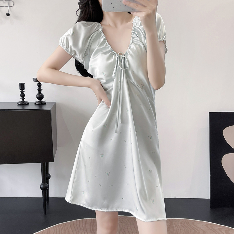 Ice Silk Light Luxury Women's Summer Short-Sleeved Nightgown, Sexy Pure Lust Style Home Wear Suspender Dress, Aqua Blue Nightgown with Chest Pads Ice Silk Light Luxury Women's Summer Short-Sleeved Nightgown, Sexy Pure Lust Style Home Wear Suspender Dress, Aqua Blue Nightgown with Chest Pads