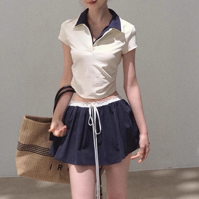 Oakmoo Basic * Cotton 5A Antibacterial Cool Retro Short-Sleeved Polo Top Lace Tutu Skirt Suit