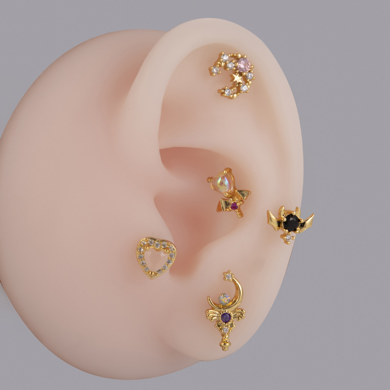 1 Piece Ethnic Style Star Heart Shape Plating Inlay Stainless Steel Copper Zircon Ear Studs display picture 4