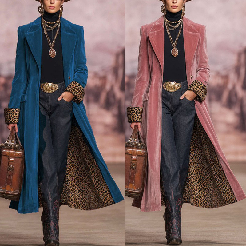 Independent Station 2025 Autumn and Winter New European and American Cross-Border Contrasting Color Splicing Lace Gold Velvet Suit Long Jacket Women's Clothing