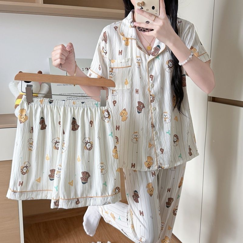 Nube de algodón de tres piezas nuevo pijama de mujer adorable con solapa de manga corta pantalones cortos pantalones largos set de ropa para el hogar