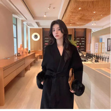 双面羊绒大衣女新款韩版秋冬狐狸毛长款浴袍高级感羊毛呢外套
