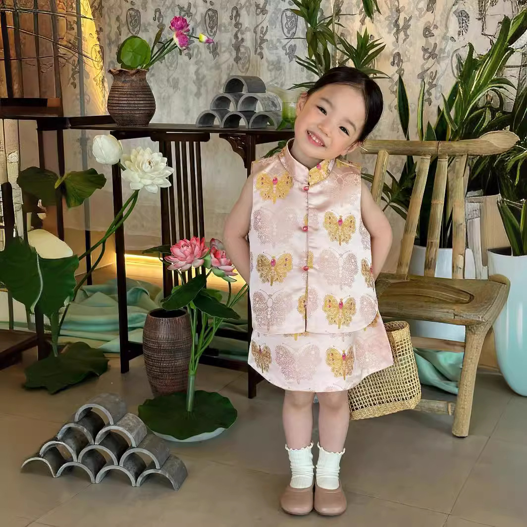 新款儿童女童汉服夏季套装古风唐装中小童新中国风无袖短裙套装