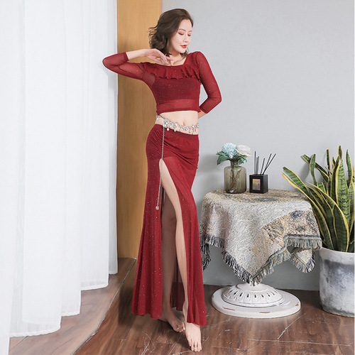 Belly dance dance clothing practice clothing four seasons oriental dance beginners sexy open long skirt two-piece performance clothing