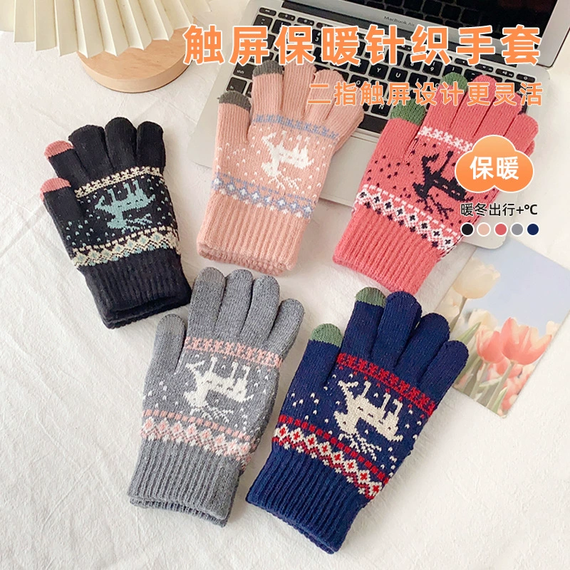 Вязаный сенсорный экран перчатки для женщин зимой тепло утолщенный плюс бархат на открытом воздухе езда жаккард милый олень корейские перчатки