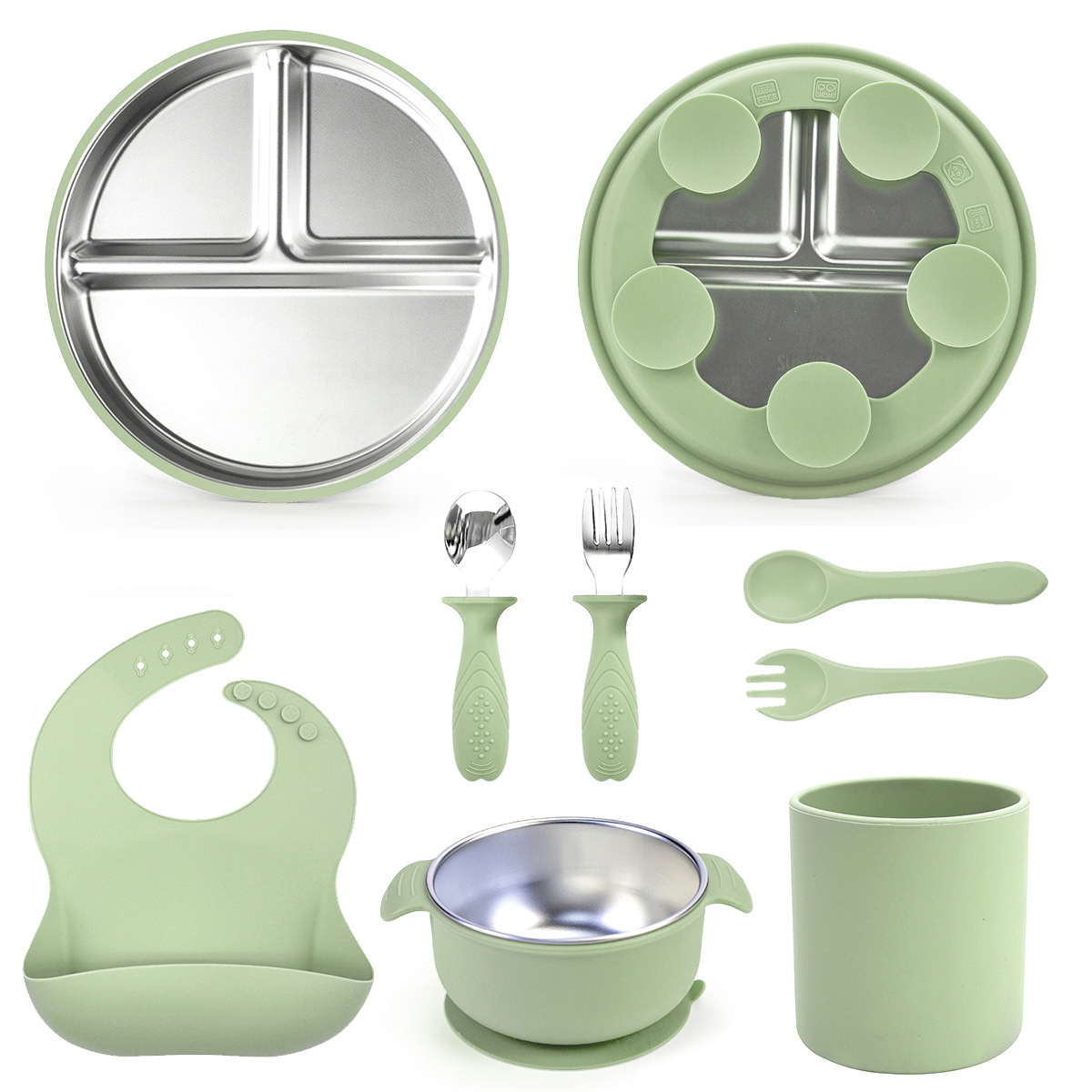 Plato de comida para niños cuenco de ventosas de silicona para bebés cuenco de alimentos suplementarios 304 plato de acero inoxidable para bebés con platos de comidas de ocho piezas