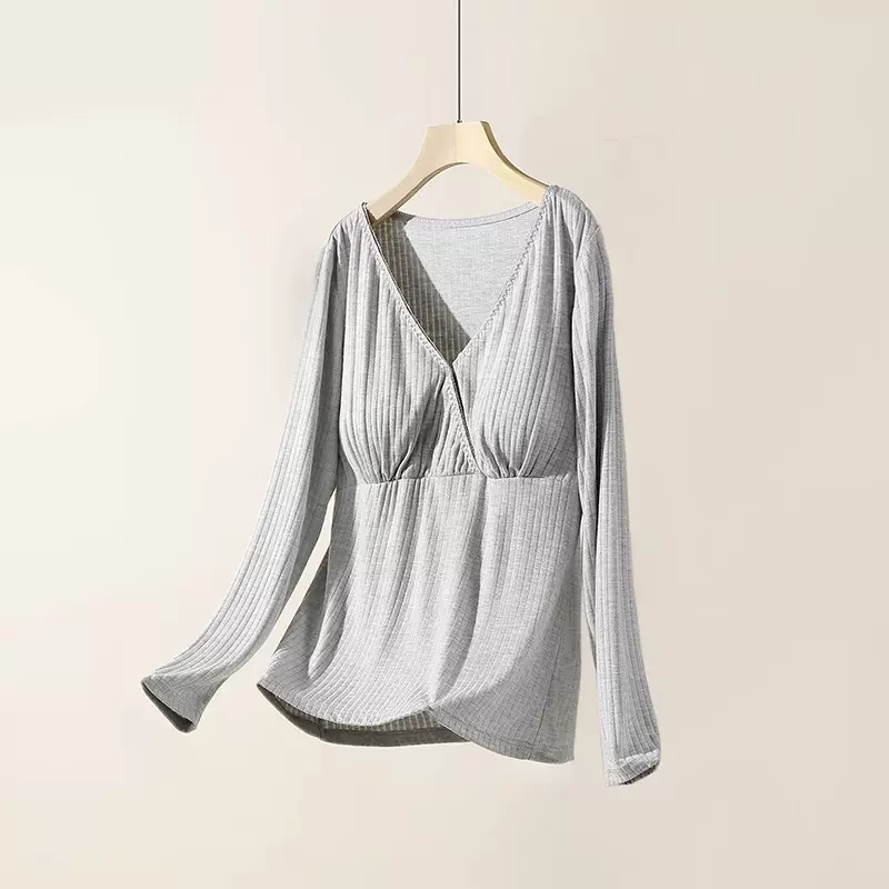 新款莫代尔坑条交叉哺乳宽松月子服孕妇装长袖大码家居服睡衣
