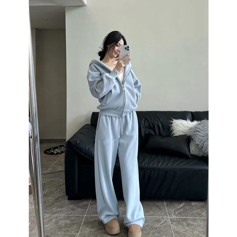 大码简约纯色休闲运动套装女秋冬胖妹妹连帽外套+阔腿裤两件套|undefined
