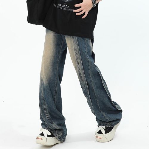 2025 Men's American-Style Heavyweight Patchwork Design Jeans: Loose Fit, High-Street Wide-Legged, Flowing Straight-Leg Trousers—Trendy