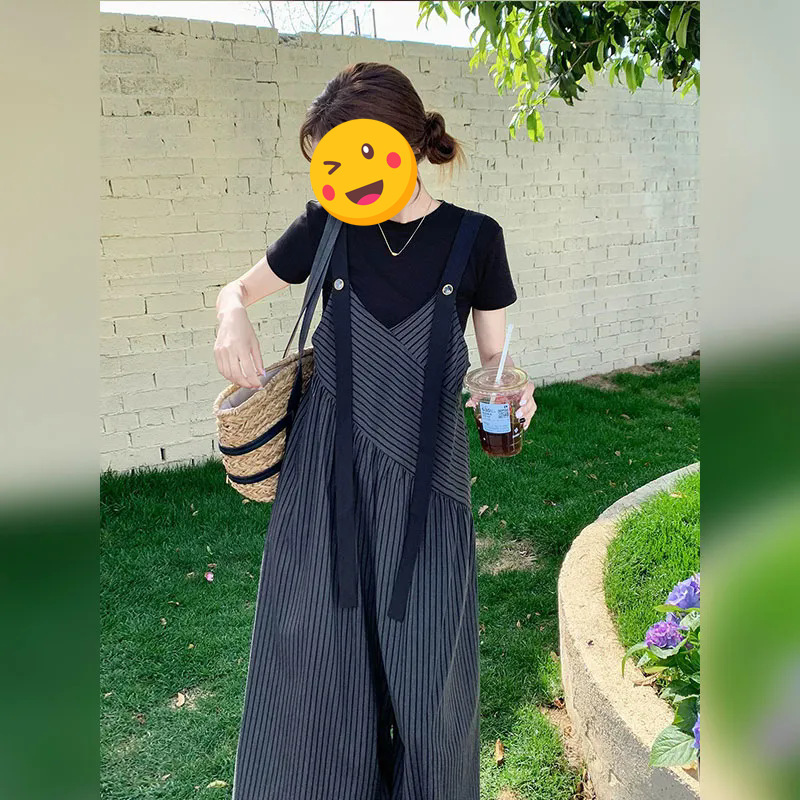 一枚/2025夏には、太ったmmの小さなデザイン感のあるストライプのバックパンツのワイドパンツの純色の半袖上着を着る|undefined