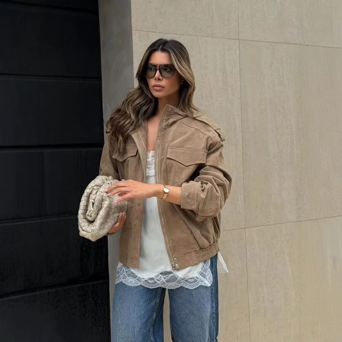 NSSF - Self-made - New Export Women's Autumn European and American Style Stand Collar Long Sleeve Fleece Textured Jacket Baseball Jacket
