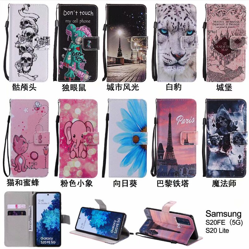 For Samsung S20FE painted mobile phone case NOTE20 card protection case A51 embossed flip wallet J6 leather case