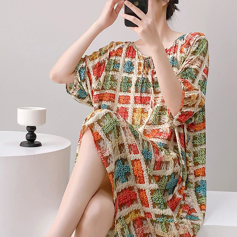 Mian Silk Family 2025 Summer Thin Short-Sleeved Nightgown Women's Loose Large Size Can Be Weared Outside Home Clothes Artificial Cotton Skirt