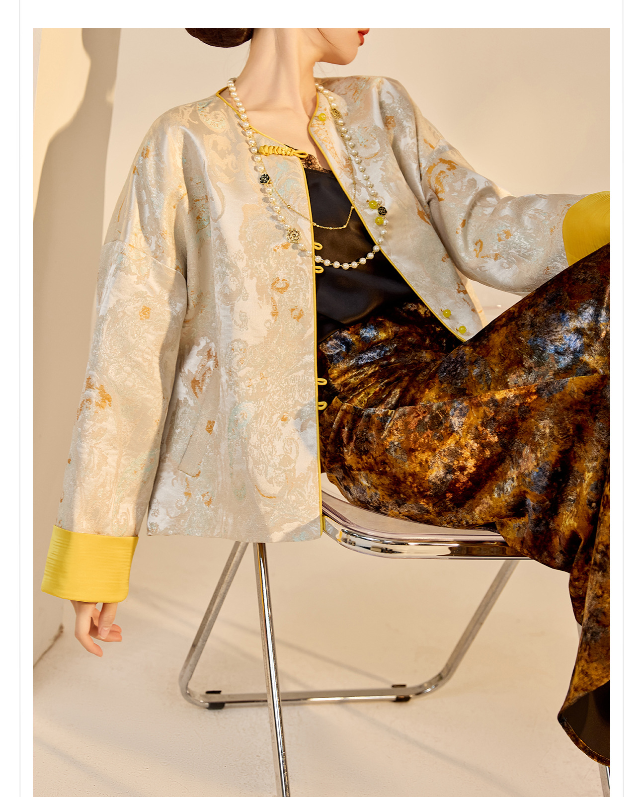 Áo khoác nữ kiểu Trung Hoa mới, chất liệu jacquard họa tiết nổi, phối khuy cài, form suông thu đông N9025 — Miju [phiên bản cotton], Hồng nhạt [phiên bản cotton], hồng nhạt, cơm cam chi tiết 6