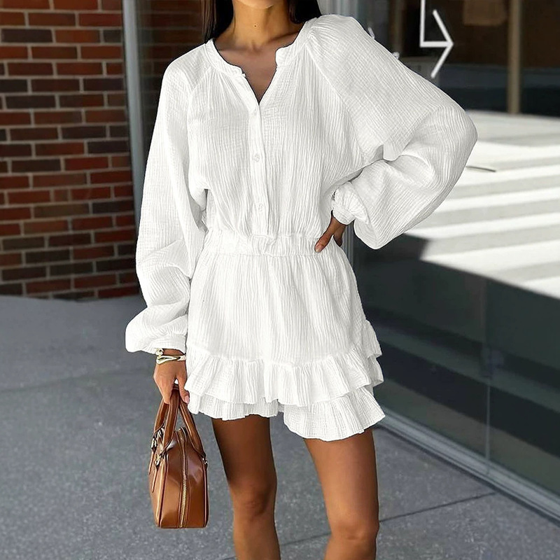 Ad565 French-Style White Long-Sleeve Waist-Cinching Dress for Women 2026 New Gentle Style Ruffled Tiered Short Dress
