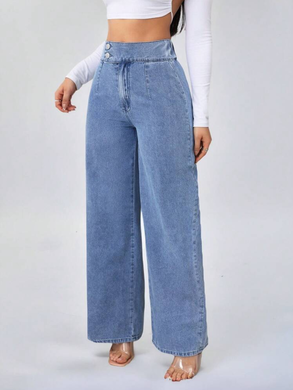 Högmidjade jeans med raka ben för damer med dubbla knappar_voghion.com