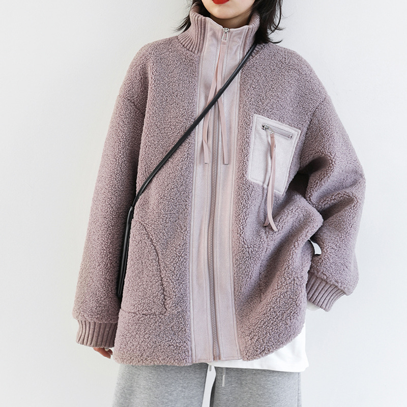 CHICVENAutumn And Winter Korean Style Loose Stand Collar Lamb Wool Jacket Cotton Clothes Granular Velvet Wind Resistant Warm Motorcycle Clothing For Women