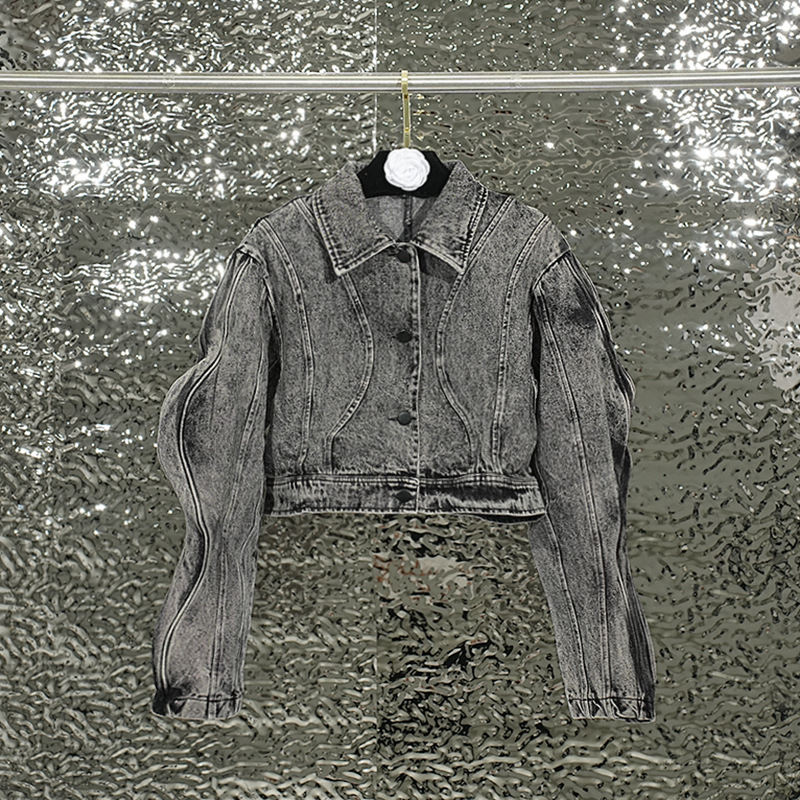 American Style Personality Design Jacket Top Women's Autumn New Distressed Denim Three-dimensional Stitching Laps Short Jacket