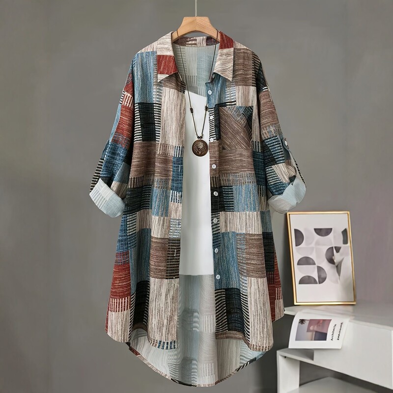 Cross-Border Retro Artistic Patchwork Plaid Mid-Length Shirt for Women, Loose Casual Long-Sleeve Cardigan Jacket for Spring and Autumn Cross-Border Retro Artistic Patchwork Plaid Mid-Length Shirt for Women, Loose Casual Long-Sleeve Cardigan Jacket for Spring and Autumn