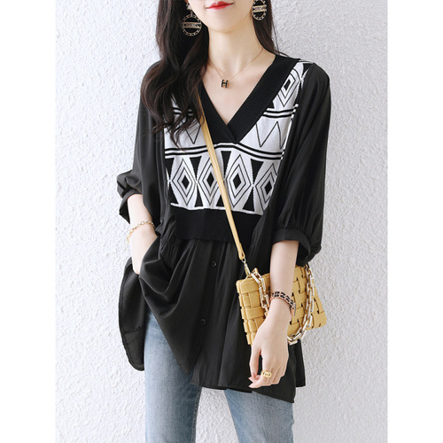 Summer Fat mm 300 Pounds Plus Size False Two-Piece Chiffon Splicing V-Neck Knit Loose Top Women's Shirt