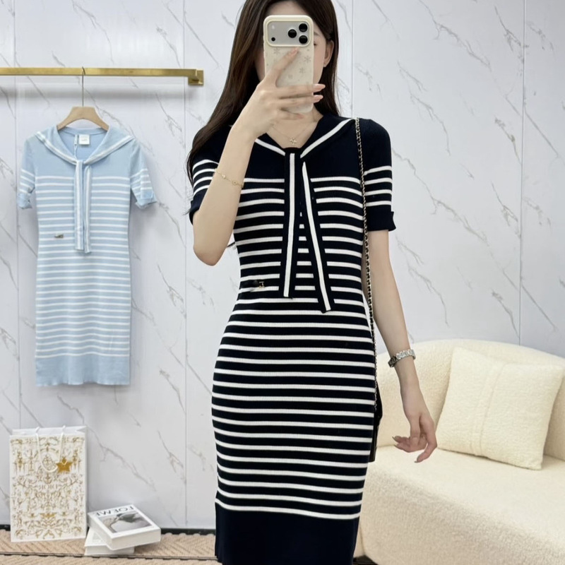 2026 Summer New Korean Style Striped Navy Collar Bow Tie Slim Fit Stylish Versatile Long Dress for Women