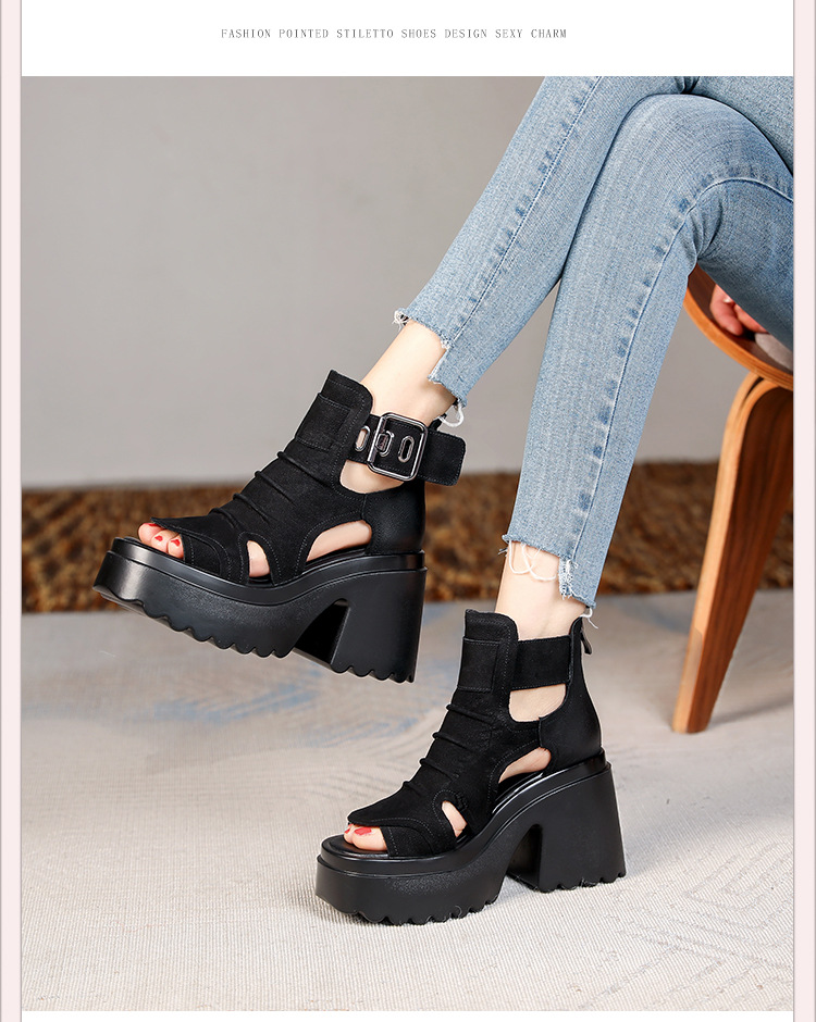 Sandal nữ gót thô miệng cá đế chống nước, tăng chiều cao 10 cm — Màu đen chi tiết 9
