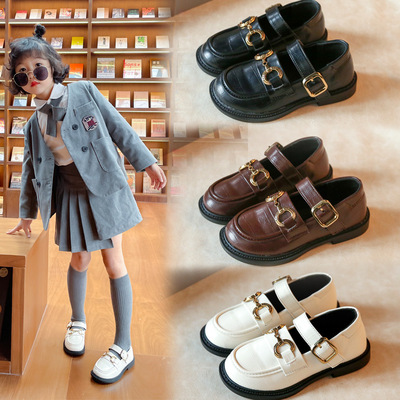 虎班长韩版金属扣圆头小皮鞋 新款气质童鞋女童便携魔术贴公主鞋|ms
