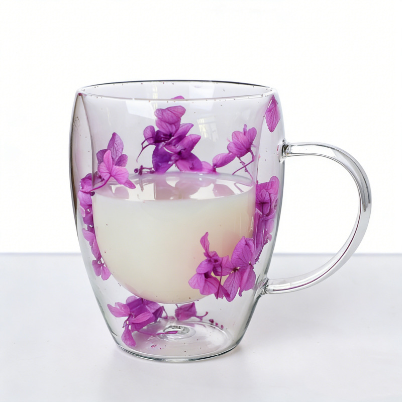 Taza de vidrio multicolor con flores secas insertadas, aislamiento térmico y anti-escaldado, taza de bebida doméstica de doble capa con mango en forma de huevo de flores secas