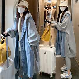 春秋大码女装200斤胖mm抽绳中长款连帽风衣女宽松洋气牛仔外套潮