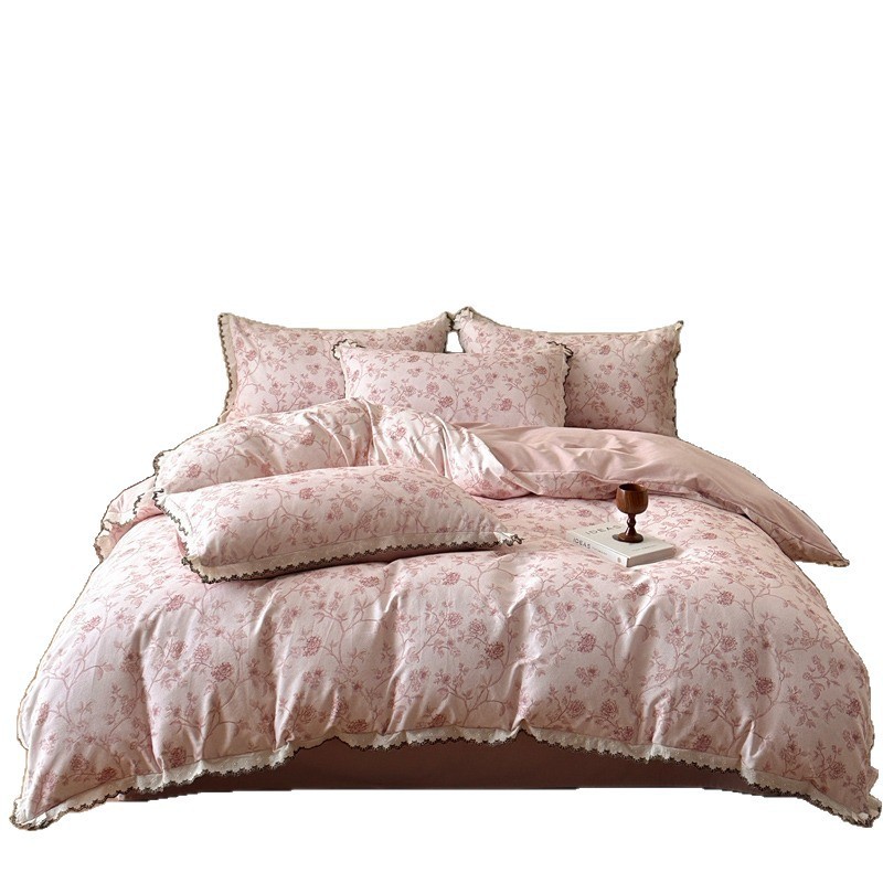 Nordic French Vintage Boho Class A 100% Pure Cotton Brushed French Vintage Lace Style Four-piece With Printed Duvet Cover And Bed Sheet 3-piece Set_voghion.com
