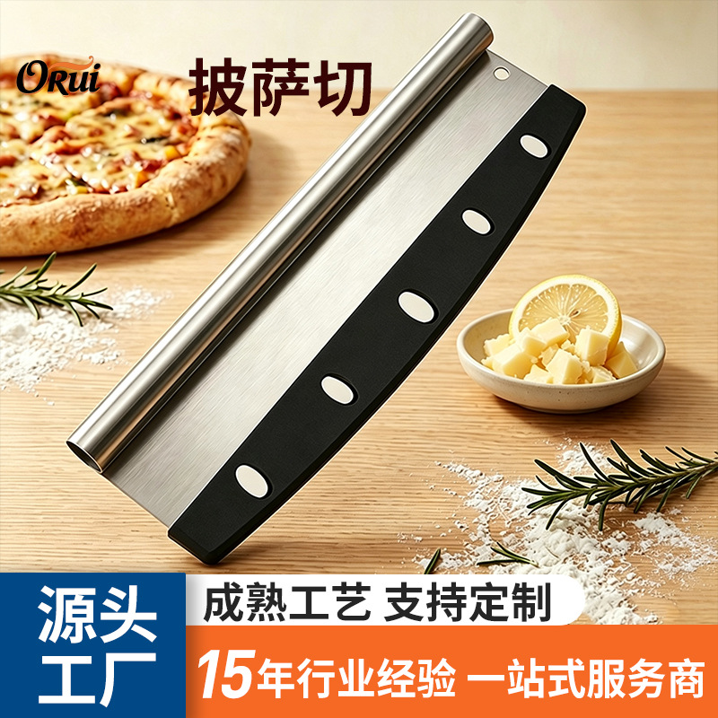 In-Stock Pizza Cutter with Curved Handle, 430 Half-Moon Pizza Baking Knife, Dough Cutting Knife