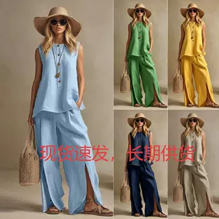 亚马逊棉麻2026夏季跨境新款外贸女装无袖长裤衬衫宽松裤子两件套