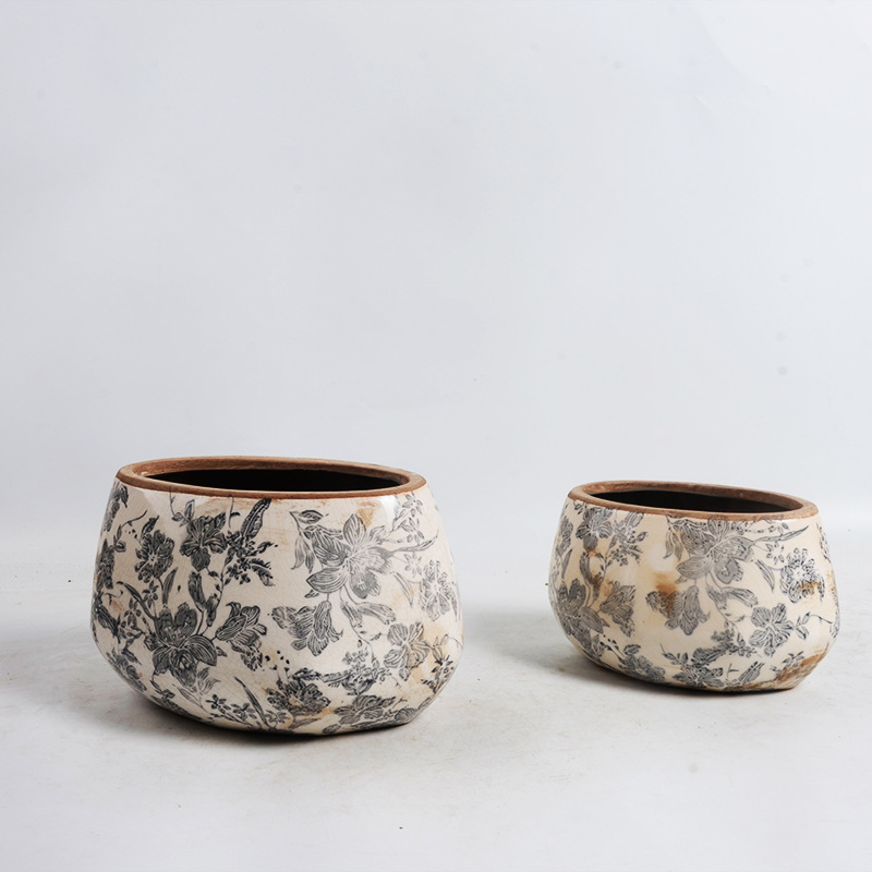 European Retro Old Ice Cracked Glaze Flat Long Ceramic Flower Pot Ink Color Green Plant Pot Pottery Jar Home Soft Decoration