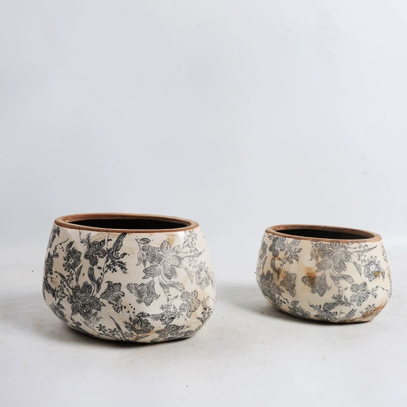 Европейский ретро старый потрескавшийся глазурованный плоский длинный керамический цветочный горшок, цвет чернил, зеленый цветочный горшок, глиняная банка, домашнее мягкое украшение