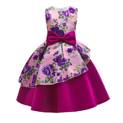 Cross-border supply girls' dress performance costumes for girls printed vests evening gowns pleated children butterfly bows princess dresses