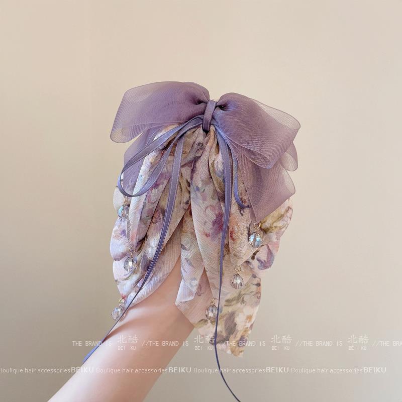 スーパーフェアリー多層花柄リボンポニーテールクリップパープルエレガントシフォンヘアクリップ多用途ファッショナブルなサメクリップ|undefined