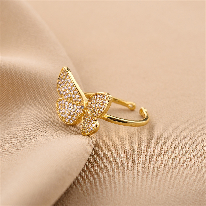 Daily Occasion Copper Material Fashion Butterfly Copper Plating Inlay Zircon Open Ring 1 Piece