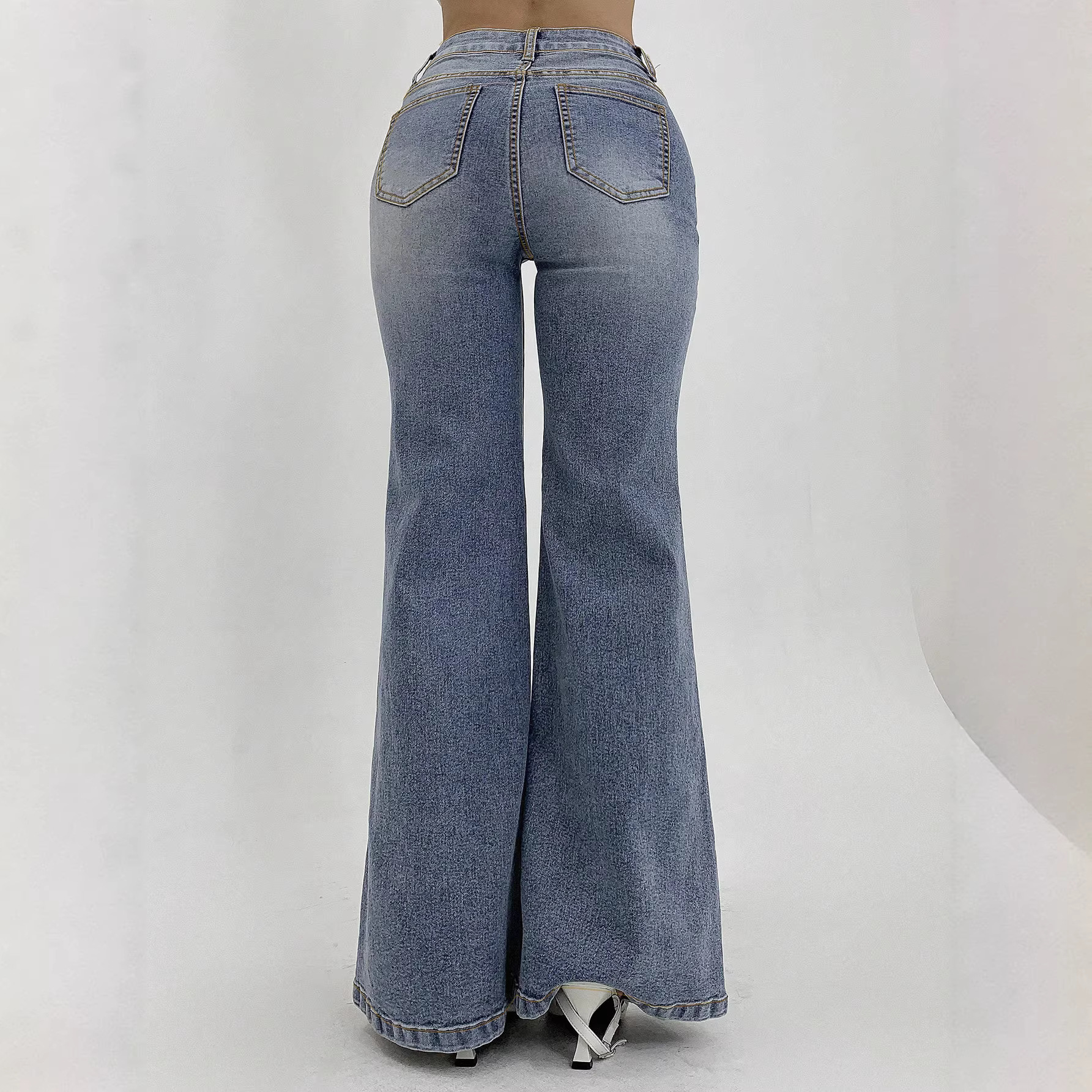 Women's Clothing High Waisted Flared Jeans, Street Style, Stretchy Slim Fit, With Pockets, Slightly Flared._ecoleips.com