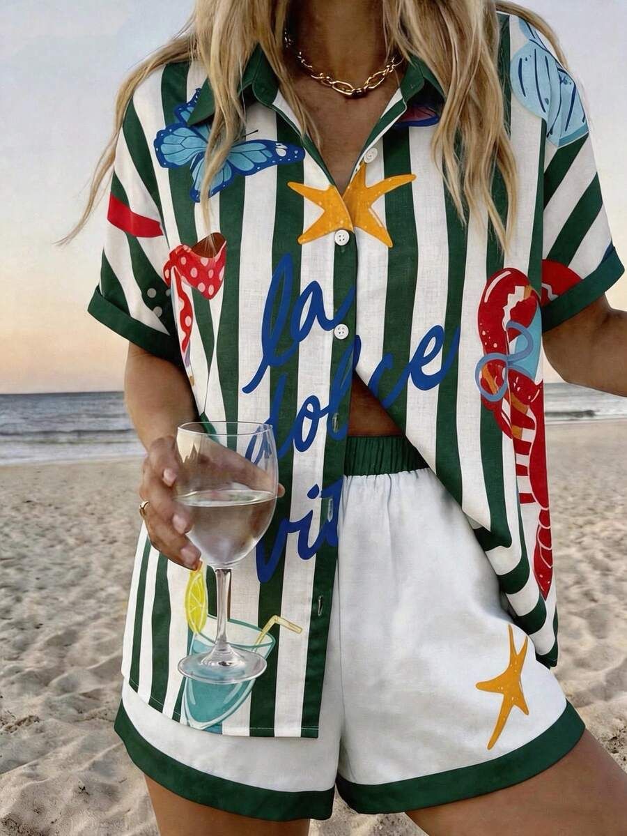 Women's Resort Style Short Sleeve Shirt And Shorts Set - Floral Print Collared Vacation Outfit For Summer_voghion.com